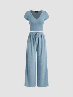 Cider - V-Neck Short Sleeve Crop Tee & Knotted Wide Leg Pant (Set of 2)