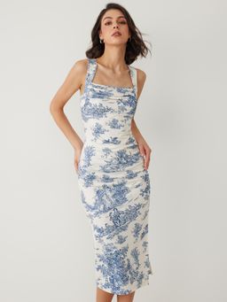 Cider - Blue Toile De Jouy Ruched Split Midi Dress