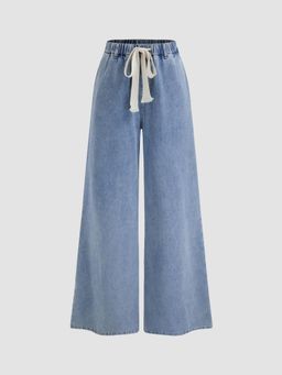 Cider - Blue Leslie Denim High Waist Solid Tie Front Wide Leg Jeans