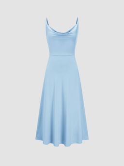 Cider - Baby Blue Cowl Neck Solid Ruched Midi Dress