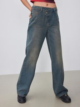 Cider - Navy Blue Denim High Waist Pocket Wide Leg Jeans