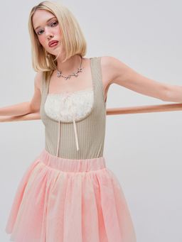 Cider - Beige Contrasting Binding Bowknot Bodysuit