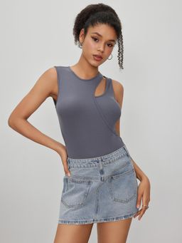 Cider - Grey Knit Round Neck Asymmetrical Solid Bodysuit