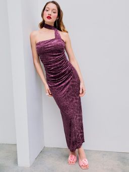 Cider - Wine Collarless Floral Paisley Ruched Maxi Dress with Scarf (Set of 2)