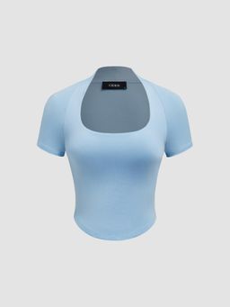 Cider - Baby Blue Square Neck Solid Short Sleeve Crop Top