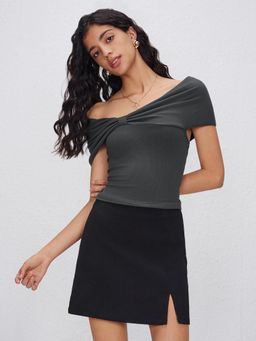 Cider - Grey Asymmetrical Neck Short Sleeve Crop Top