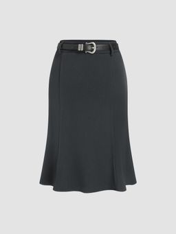 Cider - Grey High Rise Solid Midi Skirt with Belt (Set of 2)