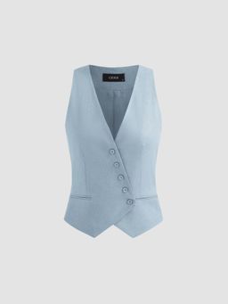 Cider - Baby Blue French Riviera Vacation Linen Blend V-Neck Solid Button Waist Coat Jacket