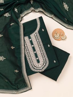 Koskii - Bottle Green Zariwork Art Silk Unstitched Salwar Suit (Set of 3)