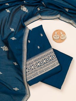 Koskii - Peacock Blue Zariwork Art Silk Unstitched Salwar Suit (Set of 3)