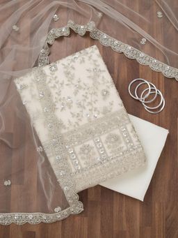 Koskii - Cream Stonework Net Unstitched Salwar Suit (Set of 3)