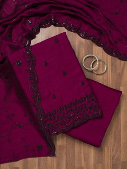 Koskii - Wine Threadwork Tissue Unstitched Salwar Suit (Set of 3)