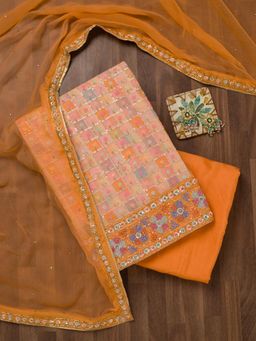 Koskii - Orange Stonework Georgette Unstitched Salwar Suit (Set of 3)