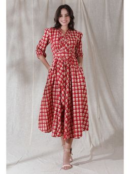 Tjori - Apple Red Cotton Block Printed Draped Flared Dress