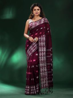 CHARUKRITI - Wine Red Cotton Soft Geometric Motif All Over Saree with Unstitched Blouse