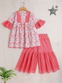 The Magic Wand - Girls Peach Cotton Printed Kurta and Sharara (Set of 2)