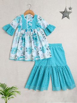 The Magic Wand - Girls Blue Cotton Printed Kurta and Sharara (Set of 2)