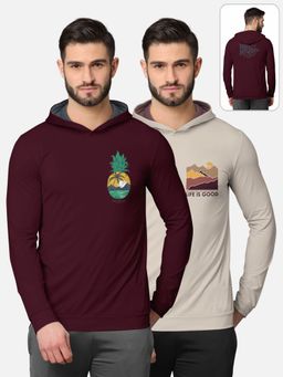 BULLMER - Printed Full Sleeve Hooded T-shirt For Men Burgundy And Beige (Pack of 2)