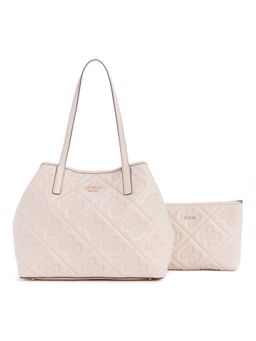Guess - Light Beige Logo Textured Vikky Tote Bag With Pouch