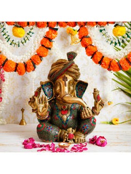 eCraftIndia - Phagdi Lord Ganesha Handcrafted Premium Brass Idol With Colorful Stone Work
