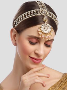 Karatcart - Gold Plated Floral Shape Pink Beads Studded Handcrafted Kundan Mathapatti for Women