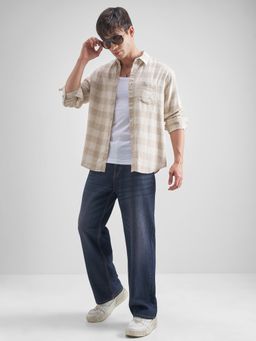 HIGHLANDER - Men Beige Cotton Blend Relaxed Fit Shirt