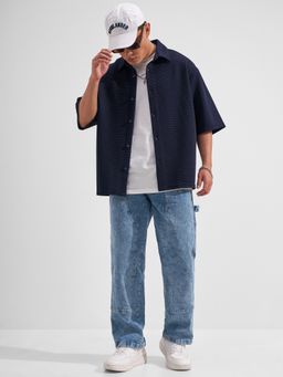 HIGHLANDER - Men Navy Blue Polyester Blend Boxy Fit Shirt