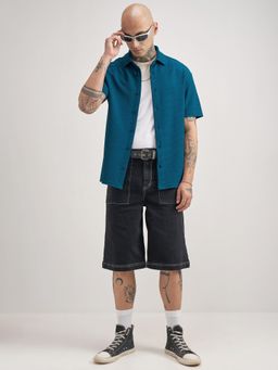 HIGHLANDER - Men Teal Polyester Blend Relaxed Fit Shirt