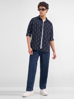 HIGHLANDER - Men Navy Blue Cotton Blend Slim Fit Shirt