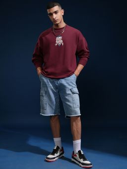 HIGHLANDER - Men Wine Cotton Blend Oversized Fit Sweatshirt