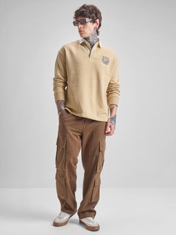 HIGHLANDER - Men Tan Cotton Blend Oversized Fit Sweatshirt