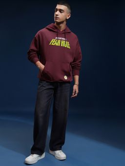 HIGHLANDER - Men Wine Cotton Blend Oversized Fit Hoodie