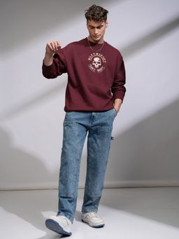 HIGHLANDER - Men Maroon Cotton Blend Oversized Fit Sweatshirt