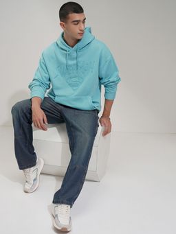 HIGHLANDER - Men Blue Cotton Blend Oversized Fit Hoodie
