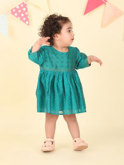 Fabindia - Teal Cotton Silk Hand Block Printed Dress