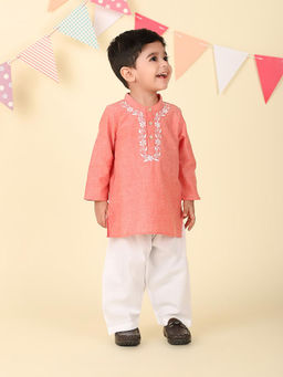 Fabindia - Peach Cotton Chikankari Kurta with Pyjama (Set of 2)