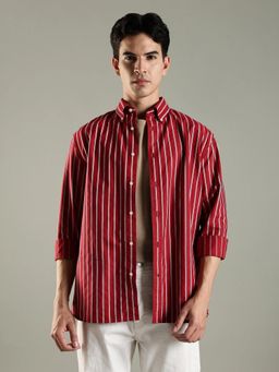 Tommy Hilfiger - Striped Regular Fit Cotton Shirt-Red