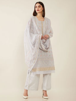 Soch - Grey Machine Embroidery Georgette Unstitched Dress Material - 3 Meter Kurta Fabric