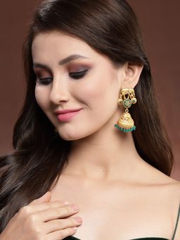 PANASH - Gold Plated Green Beads Elephant Shaped Jhumka Earrings