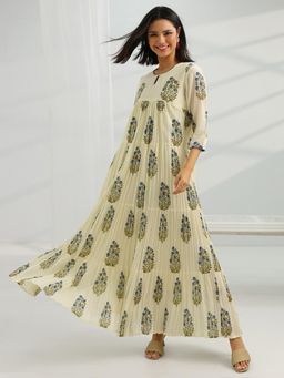Libas - Off White Floral Printed Empire Style Maxi Dress with Lining