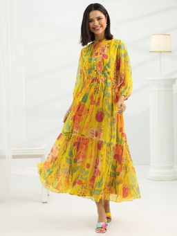 Libas - Mustard Floral Printed Fit and Flared Dress with Lining