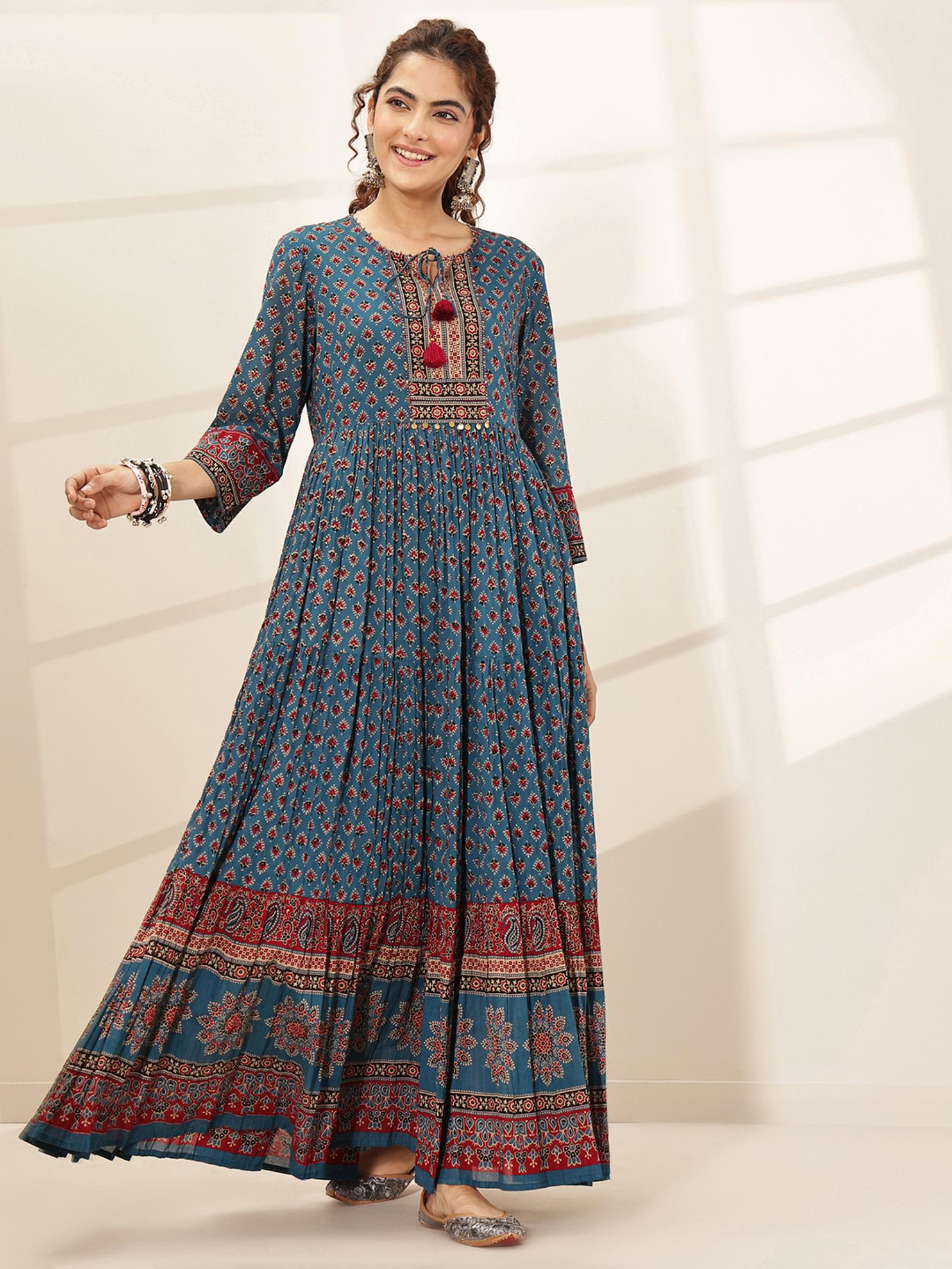 libas Blue Ajrakh Printed Fit and Flared Dress with Lining-picture-34