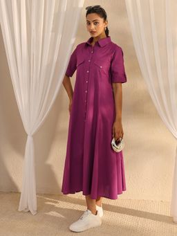Libas - Burgundy Solid Pannelled A-Line Dress with Pocket