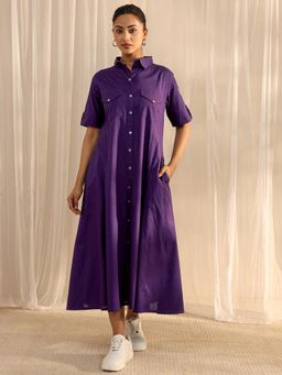 Libas - Purple Solid Pannelled A-Line Dress with Pocket