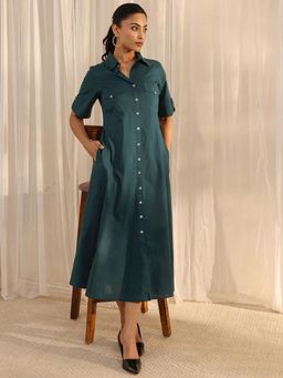Libas - Green Solid Pannelled A-Line Dress with Pocket