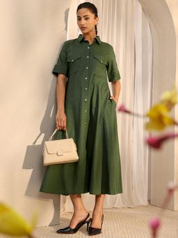 Libas - Green Solid Pannelled A-Line Dress with Pocket