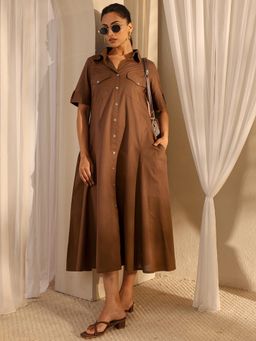 Libas - Brown Solid Pannelled A-Line Dress with Pocket