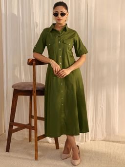 Libas - Green Solid Pannelled A-Line Dress with Pocket