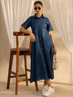 Libas - Blue Solid Pannelled A-Line Dress with Pocket