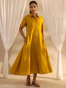 Libas - Mustard Solid Pannelled A-Line Dress with Pocket